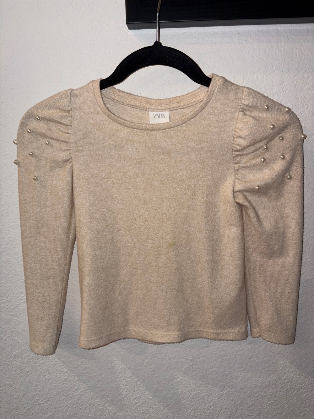 Zara Pearl-Detail Cream Puff-Sleeve Long Sleeve Top
